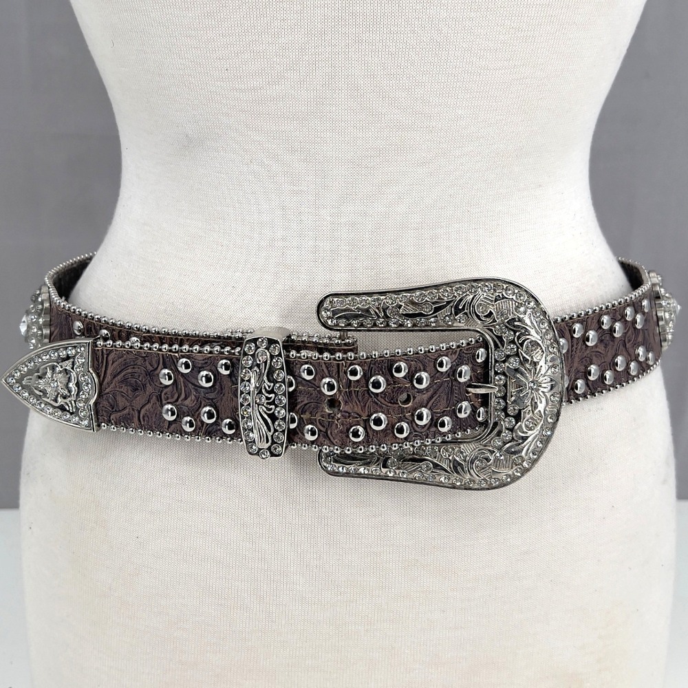 Women's Western Belt Brown Floral Embossed Rhinestone Studded Silver Bling Y2K L